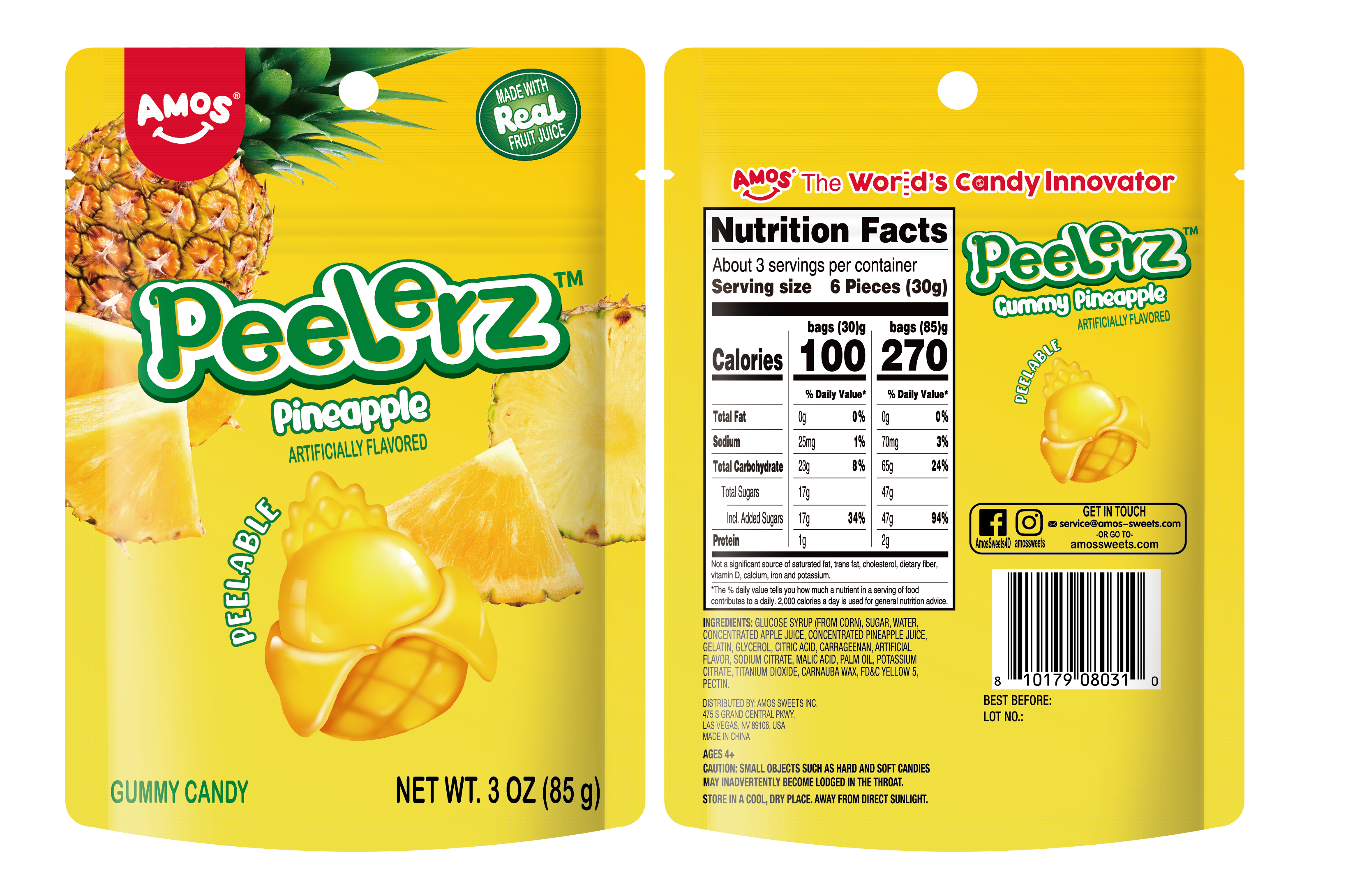 Gamer Bytes - Wholesale Gummy - Amos Peelerz Pineapple Gummy Candy (3oz) (24-Pack)0