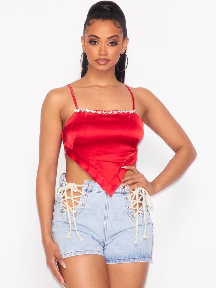 Rhinestone trim satin crop top for wholesale by N1