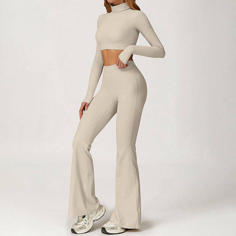 WONDERXFANS - Wholesale Activewear Set - Women's - High-Neck Cropped Long Sleeve + Flared Leg Pants 2-Piece Set13