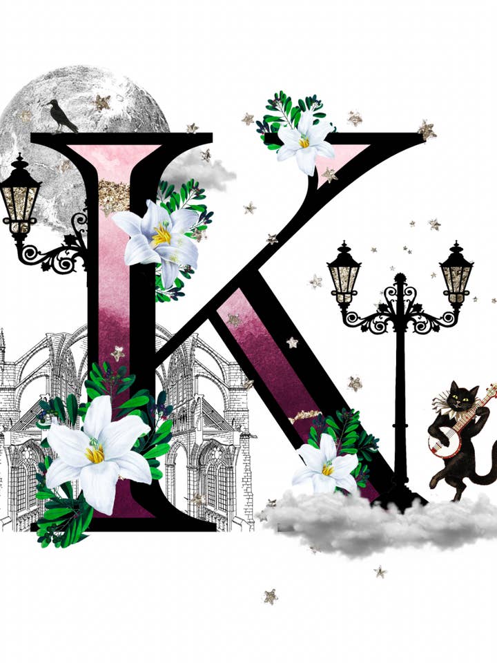 K' Ornate Latin Letters Fine Art Square Print for wholesale by Elizabeth Stirling-Taylor