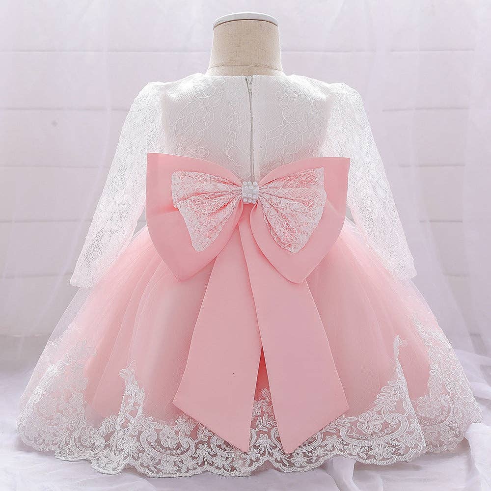 MyKids-USA® - Wholesale Dress - Baby - Baby Girl Bow Patched Design Long Sleeves Full Moon Christening Mesh Formal Dress10