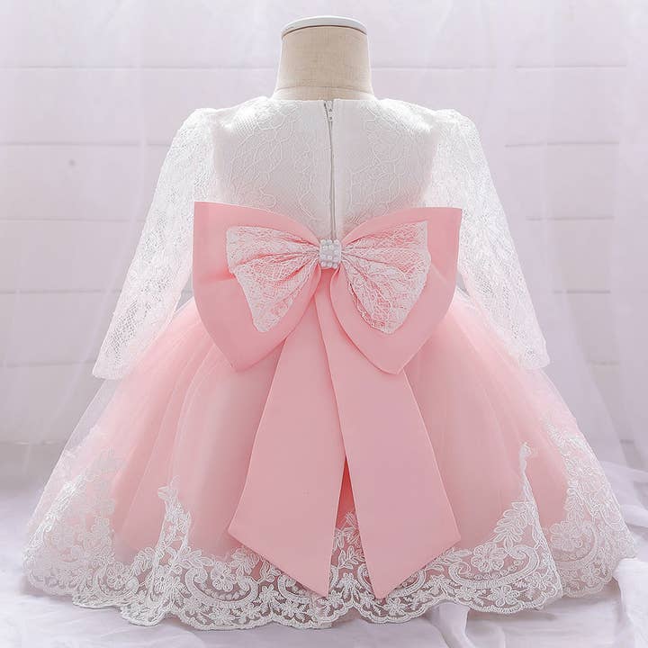 MyKids-USA® - Wholesale Dress - Baby - Baby Girl Bow Patched Design Long Sleeves Full Moon Christening Mesh Formal Dress10