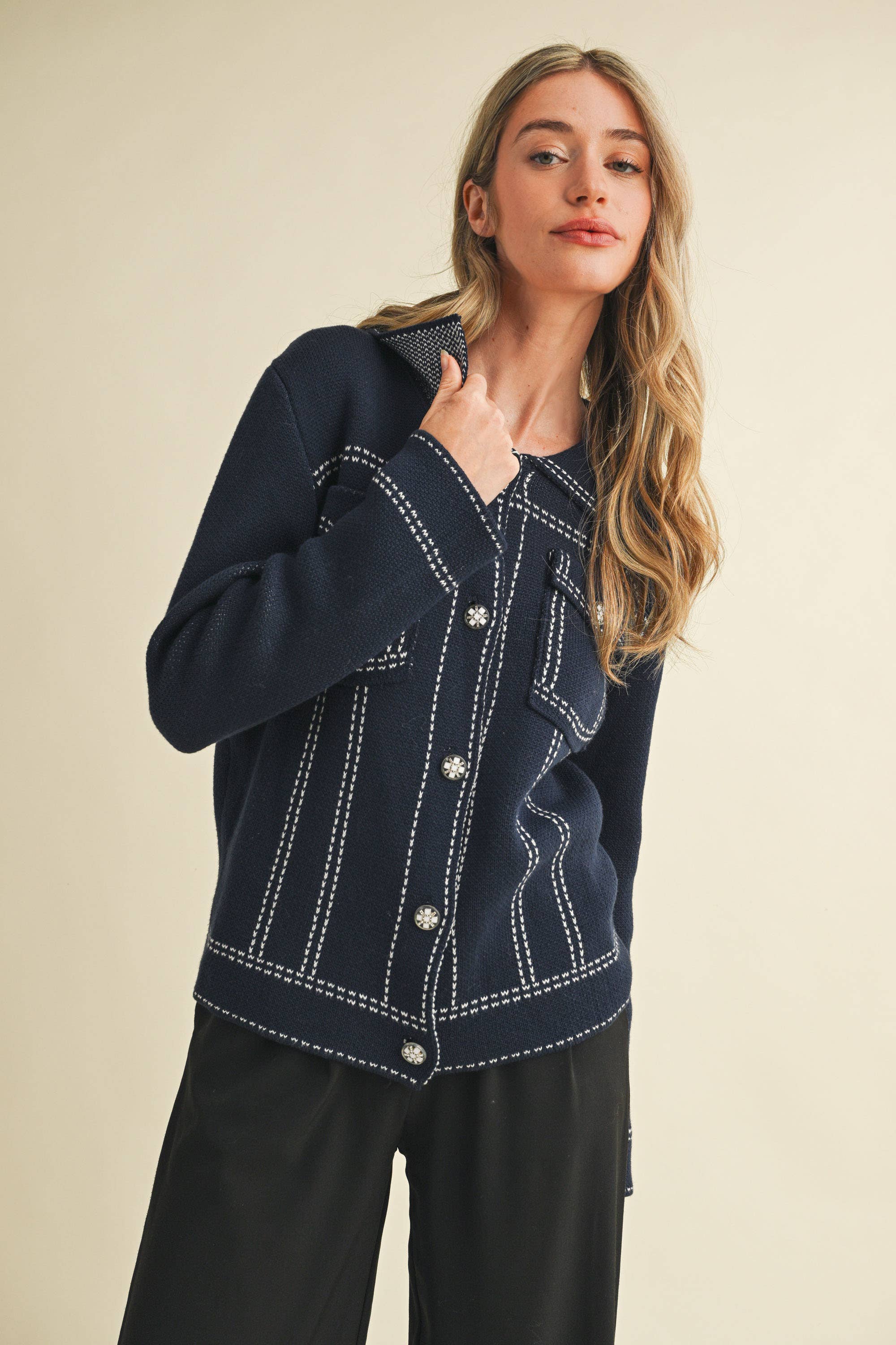 &MERCI - Wholesale Jacket - Women's - DENIM EFFECT KNIT SWEATER JACKET MSW1113010