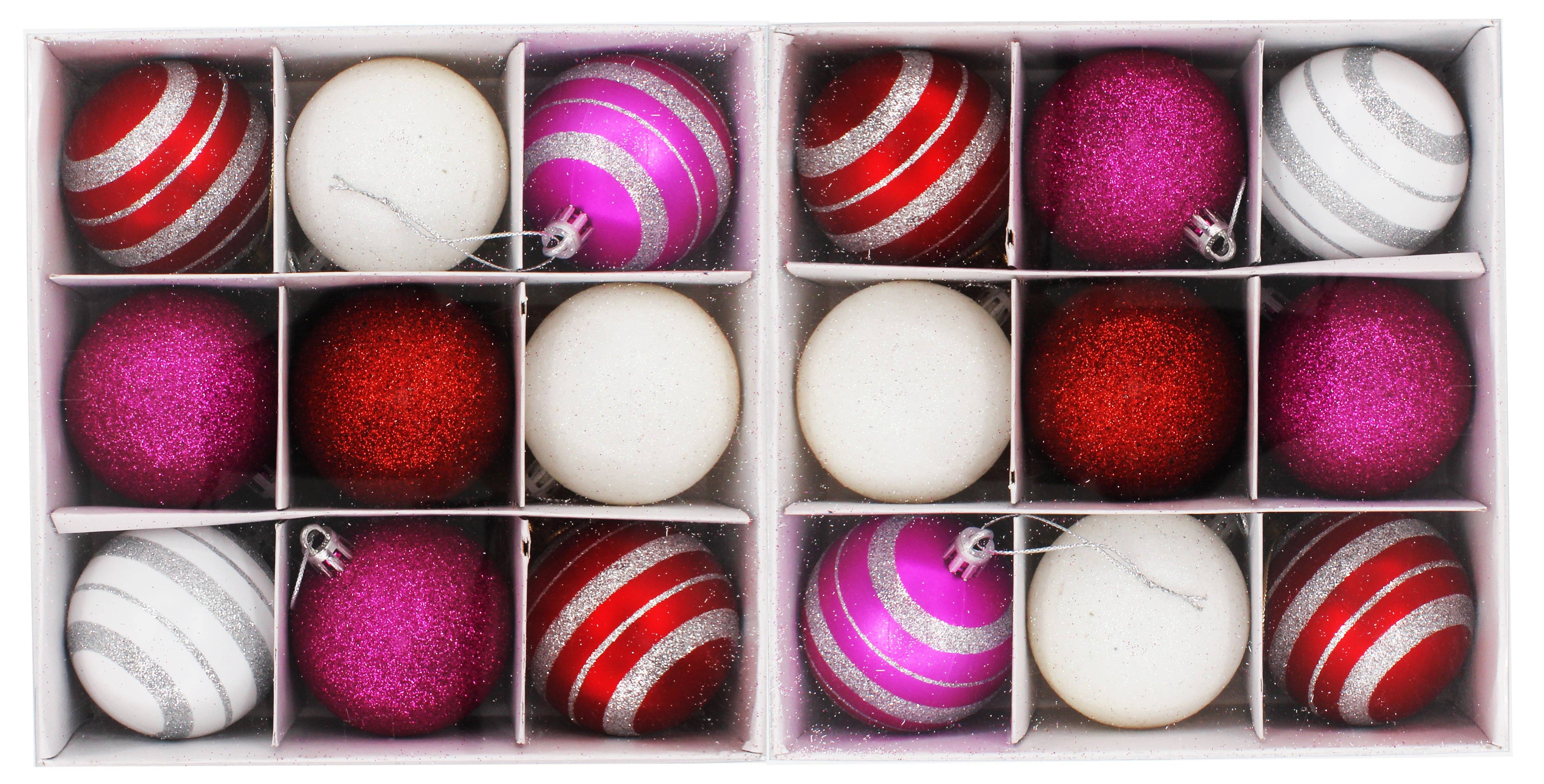 Winterland Inc. - Wholesale Ornament Set - 18 Pack of Red, Hot Pink, and White Ball Ornaments