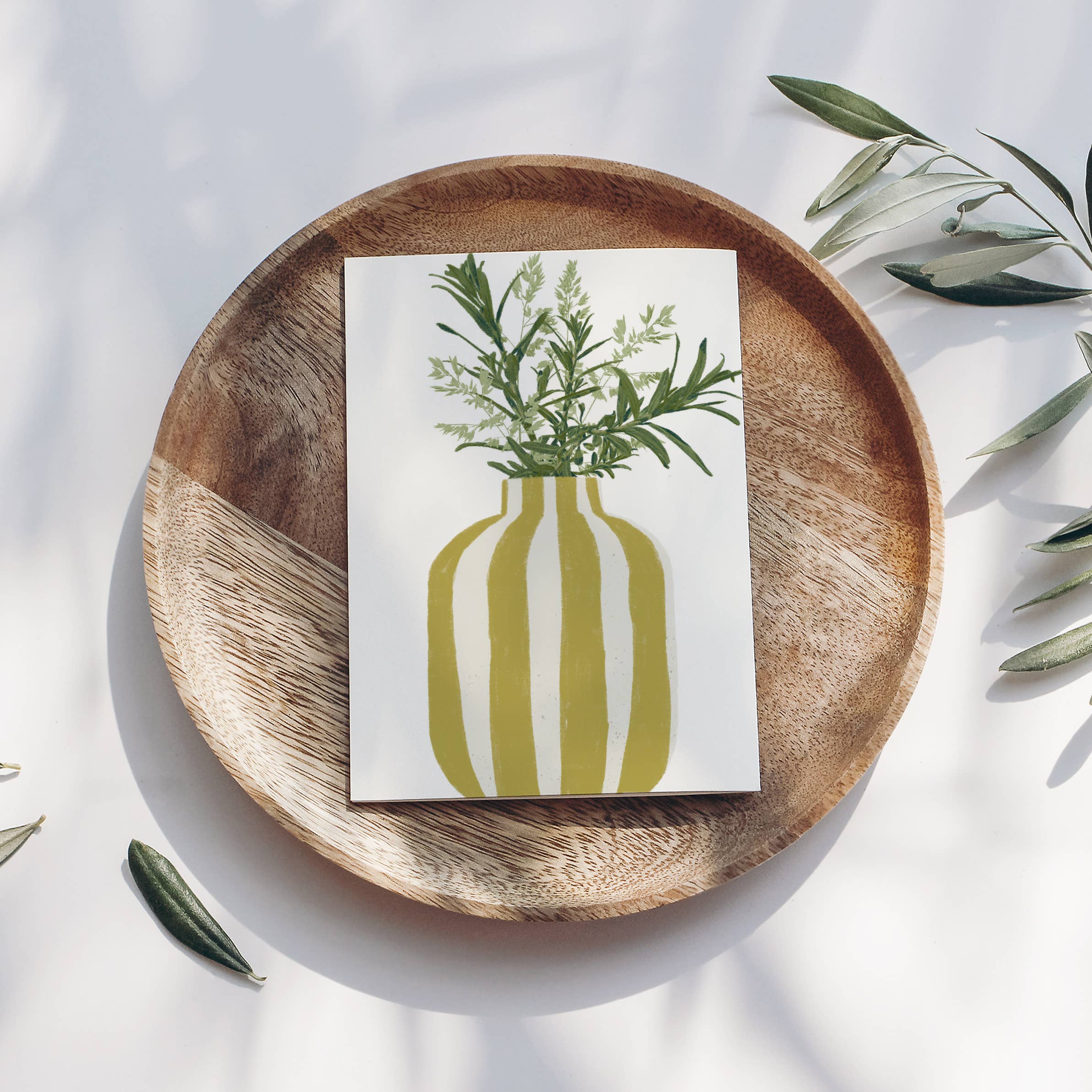 Wildblumen Atelier - Wholesale Postcard - Postcard Vase Yellow Stripes Sea Buckthorn Branches, FSC3
