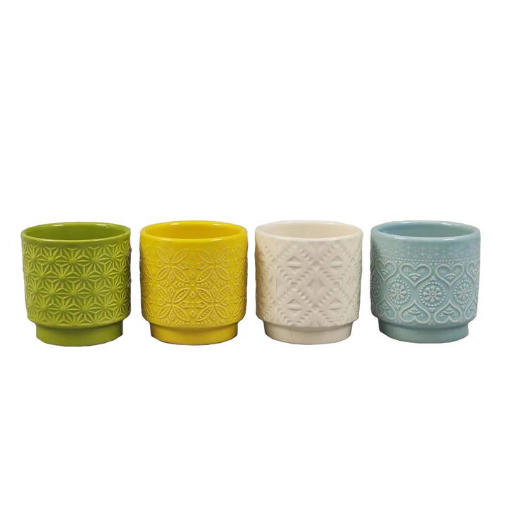 Will's Company - Wholesale Plant Pot - Ceramic Pots with Embossed Design-Green, Yellow, White, Blue