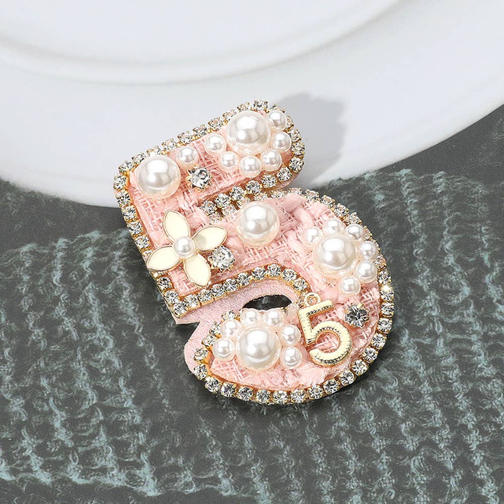 Sensibling Corp. - Wholesale Brooch - Felt Back Pearl Enamel Flower Tweed Number Five Pin Brooch0