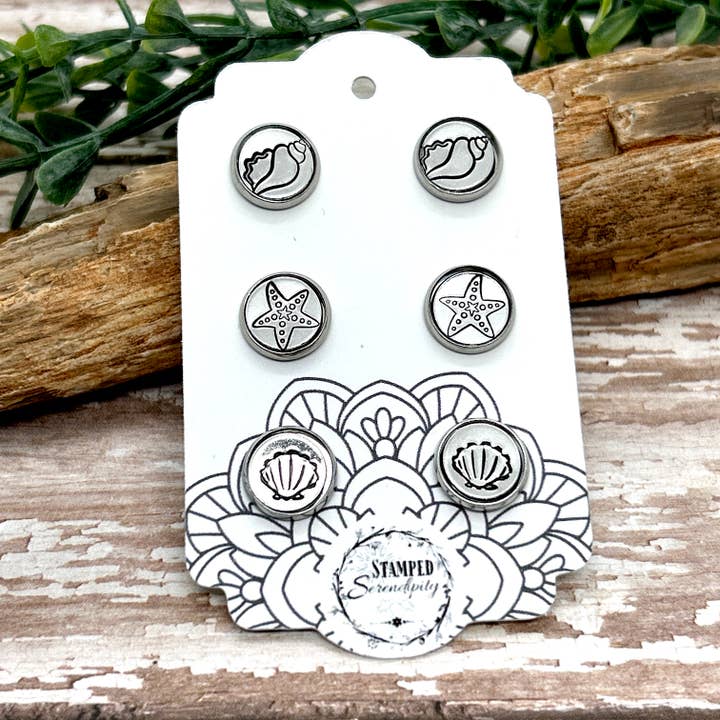 Stud Earring Trio Cards-Beachcombing Seashells Starfish for wholesale by Stamped Serendipity