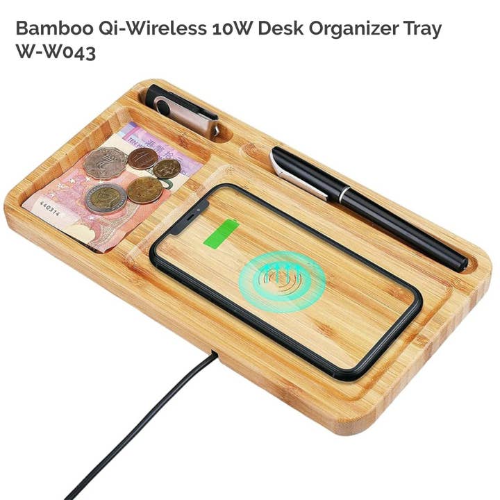 WUDN Handcrafted - Wholesale Desk Organizer - Solid Bamboo Desktop Organizer Tray with Wireless Charger (BLACKFOOT)