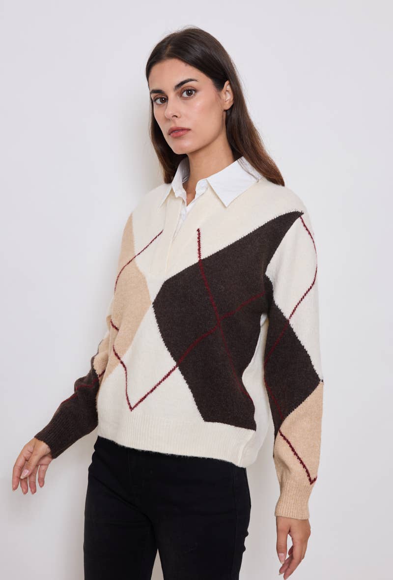 KY CREATION PARIS – wholesale Knitted jumper – Women′s – Diamond-patterned sweater with integrated shirt collar1