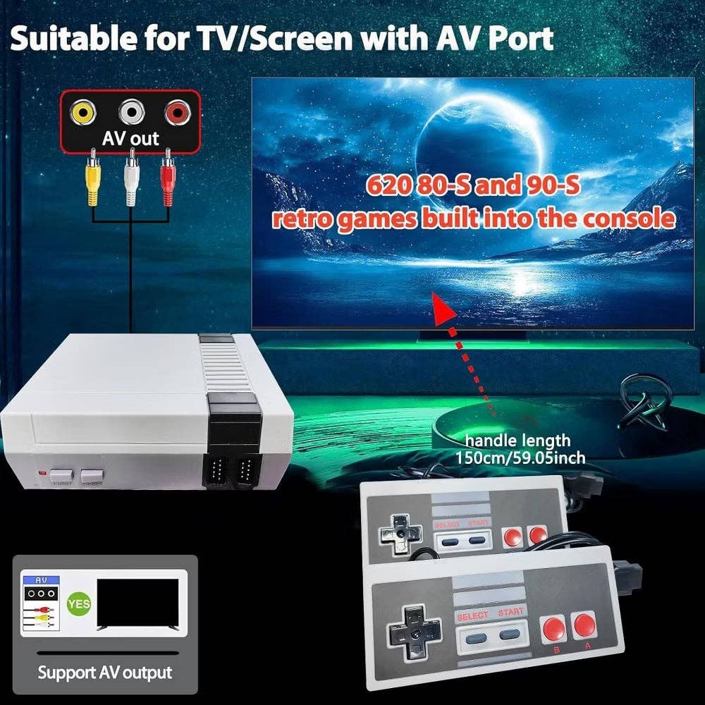 Infinite Basics – Engroshandel Elektronisk legetøj - Børn og baby – Retro mini spil-konsol med 620 klassiske spil, AV-udgang og to controllere2