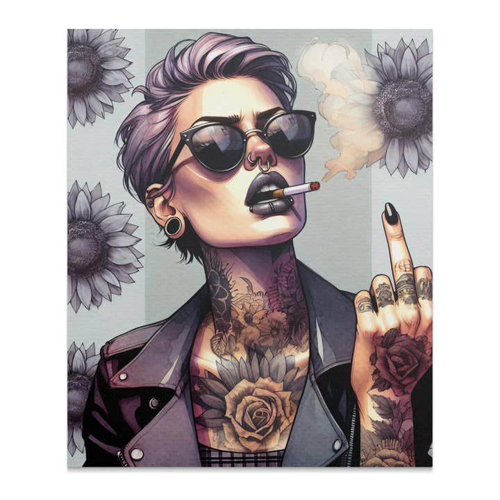 FreakyTeeFactory – Poster por atacado – Poster Edgy Punk Girl, Arte de Parede de Mulher Tatuada, Arte de Cabelo Roxo, Impressão em Tela de Fumaça e Atitude, Decoração de Casa Street Style, Ideia para Presente4