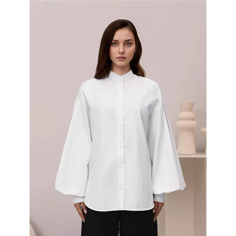 ShieldChic - Wholesale Button Down Shirt - Women's - Solid Color Lapel Single Breasted Lantern Sleeves Blouse3