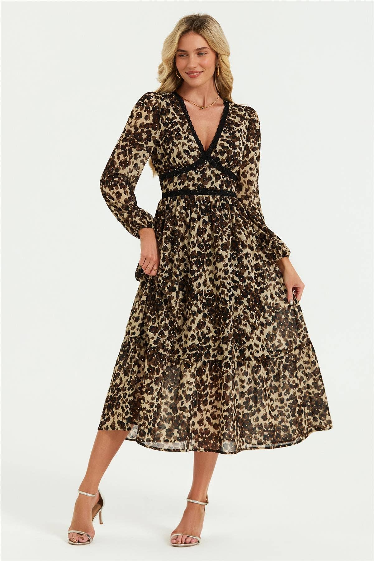 Leopard Print Foil Lace Trim Long Sleeve Maxi Dress In Brown for wholesale on Faire5