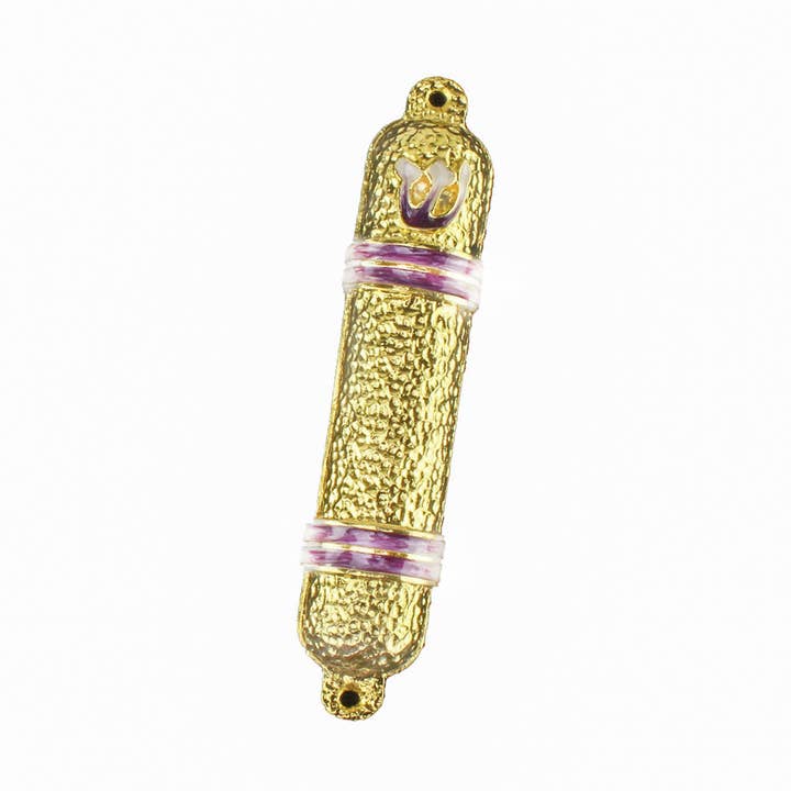 Metal Mezuzah Case Gold with Pink / Blue Lines for wholesale by Boker-Tov Shalom