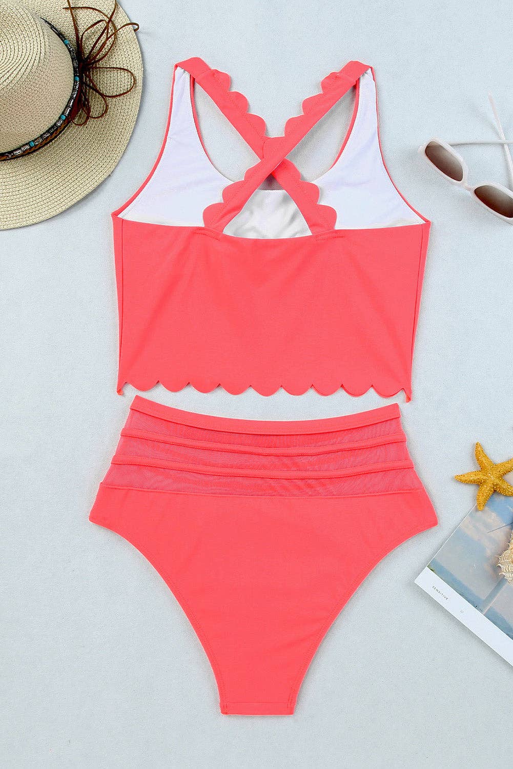 EG fashion - Wholesale Two Piece Swimsuit - Women's - Pink Scalloped Sleeveless High Waisted Two Piece Swimsuit7
