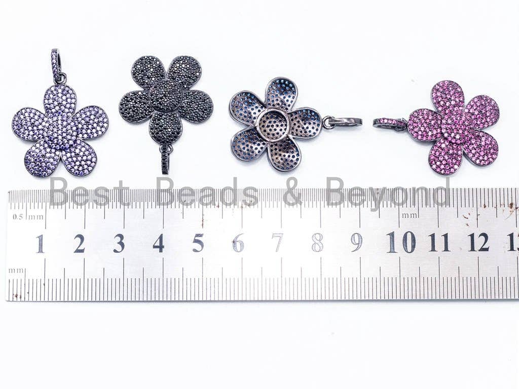 BestBeads&Beyond - Wholesale Individual Charm/Pendant - CZ Micro Pave Flower Pendant/Charm, Cubic Zirconia Blue Fuchsia Black Champagne Purple Daisy Focal Flower Pave Pendant,34 x25mm, sku#F3494