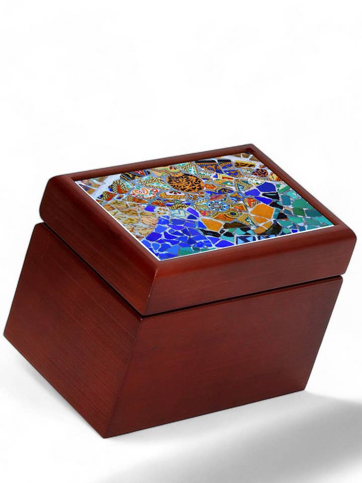 HOUTEN DOOS: Houten doos met gevoerde theezakjes en bedrukt tegeldeksel - Opera "Gaudi" (#1) voor wholesale door SublimArt