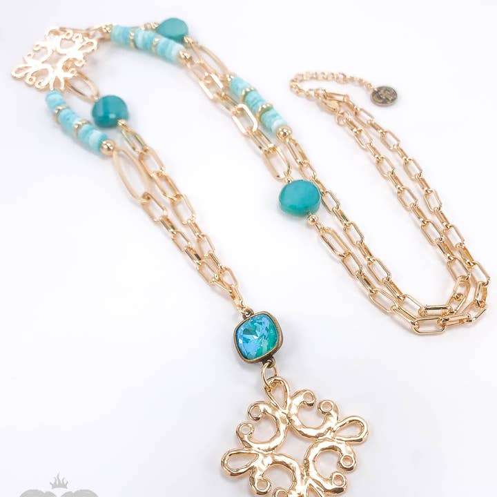 Pink Panache Brands - Wholesale Pendant/Charm Necklace - Scroll cross and bead necklace with Austrian crystal
