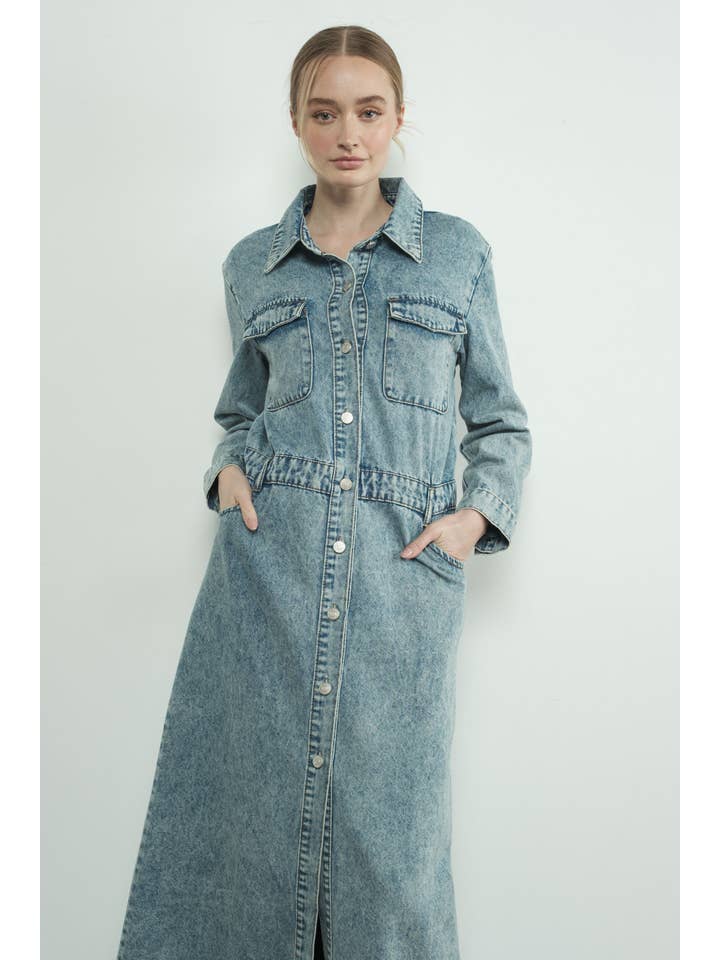 MAD2878 DENIM LAPEL COLLAR MAXI DRESS for wholesale on Faire