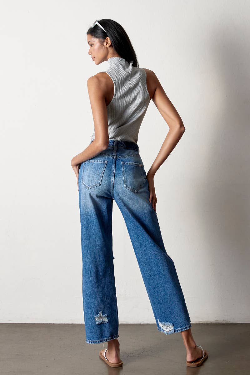 AGED DARK High Rise Destructed Straight Jeans for wholesale on Faire4