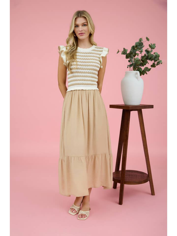 Blu Pepper - Wholesale Dress - Women's - STRIPE SWEATER TOP MIXED MEDIA MIDI DRESS