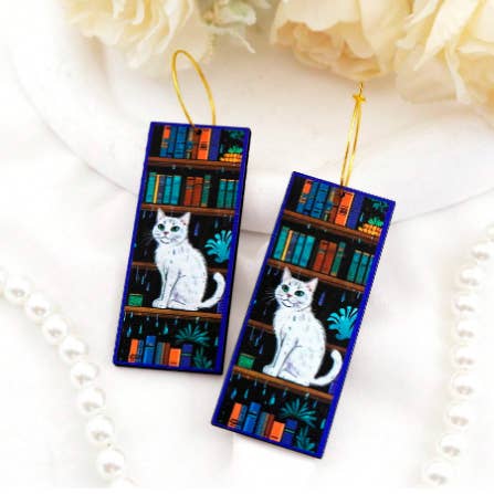 Purrfect Pages: Bookshelf Cat Wooden Earrings for wholesale by HappyJewelrySupplies