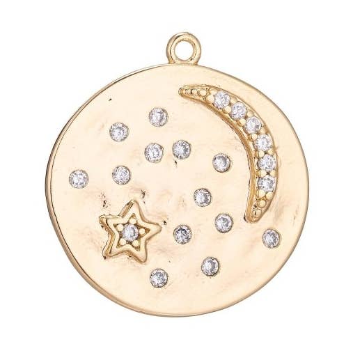 Love you to the moon and back charm Starry Night Coin Pendant, Moon and Stars Charm CZ in 18k Gold filled for Jewelry making Supply C-341 for wholesale by Aim Eternal