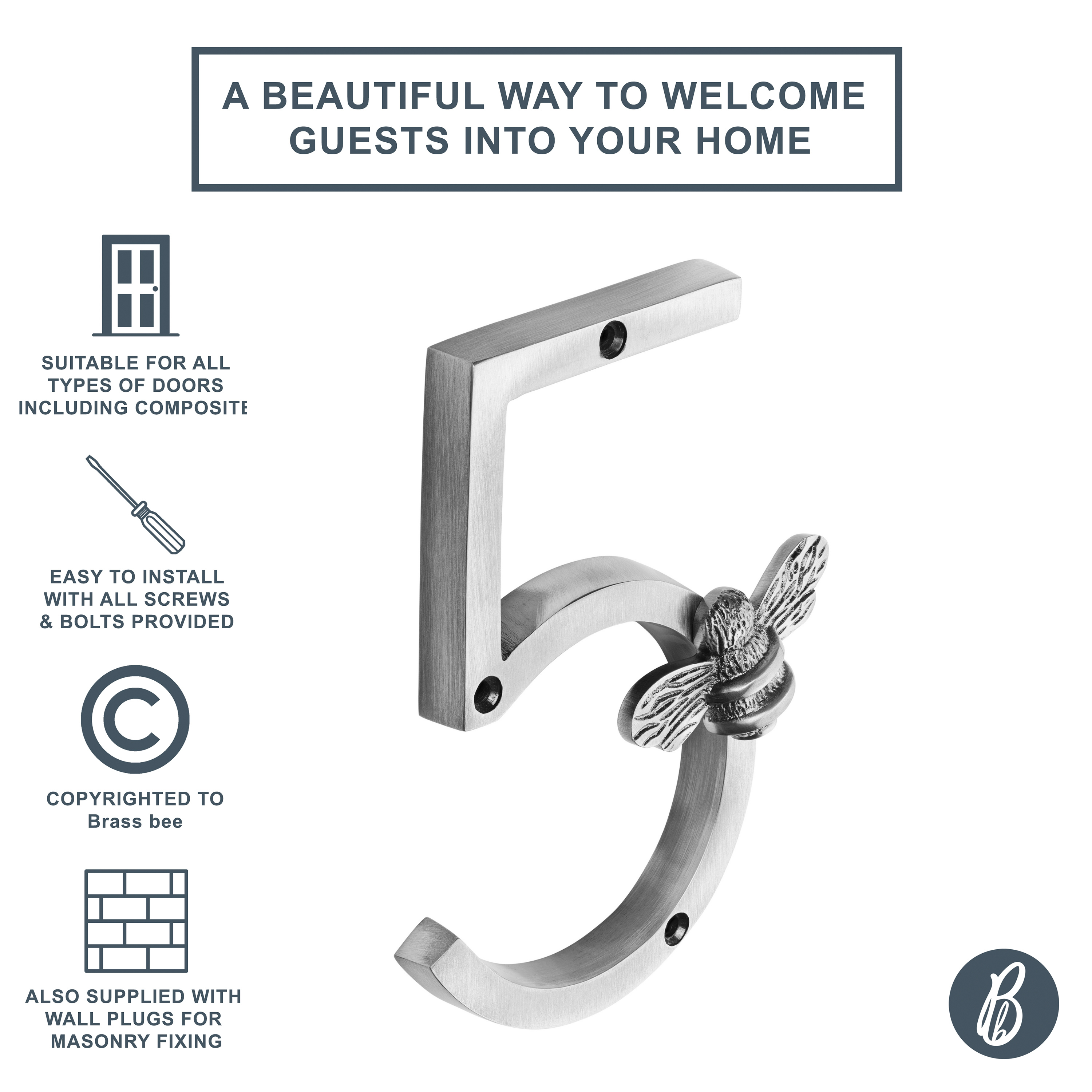 Brass bee - Vendita all'ingrosso Manopola/pomello - Numeri civici Brass bee in ottone finitura peltro con ape, altezza 13 cm8