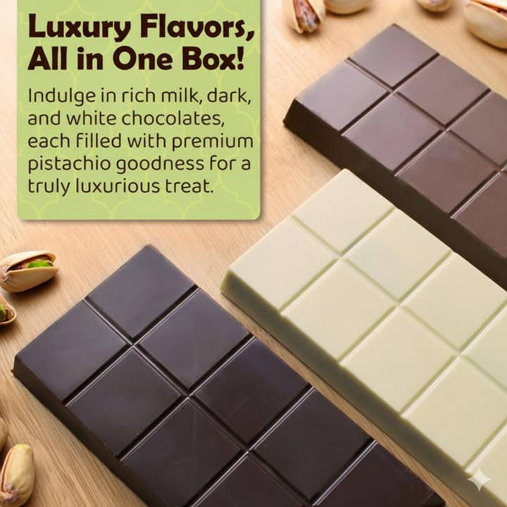 Ceres Gourmet - Wholesale Chocolate bar - Dubai Crispy Knafeh Chocolate Trio Bundle (Milk, White & Dark Chocolate) | Gourmet Pistachio Bars | Luxurious Dessert Gift Set1