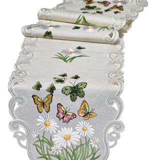 Butterfly Daisy Scalloped Edge Table Runner for wholesale by Mera Linens