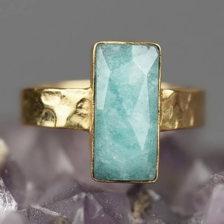 Amazonite Rectangle Ring on a Hand Hammered Band for wholesale by KBD Studio