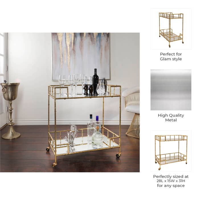 Sagebrook Home - Wholesale Bar Cart - Gold 31x28 in. Metal Mirrored Top 2-Tier Gold Metal Bar Cart