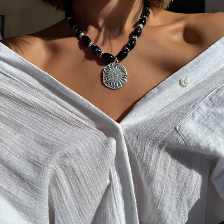 Christina Christi - Wholesale Pendant/Charm Necklace - Handmade Black Beaded Necklace with Silver Sun Pendant2