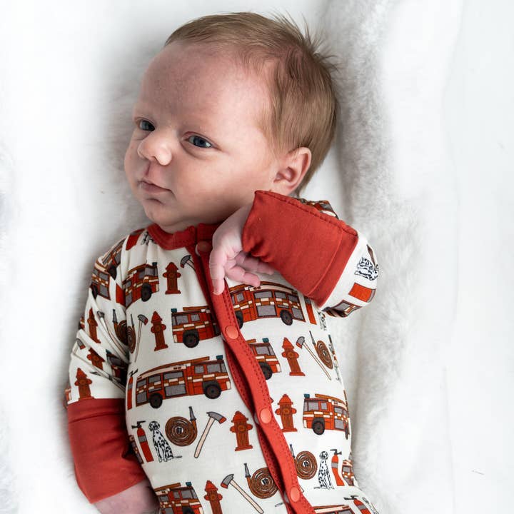 Alcaous Fire Trucks Bamboo Convertible Footie for wholesale by Laree + Co.