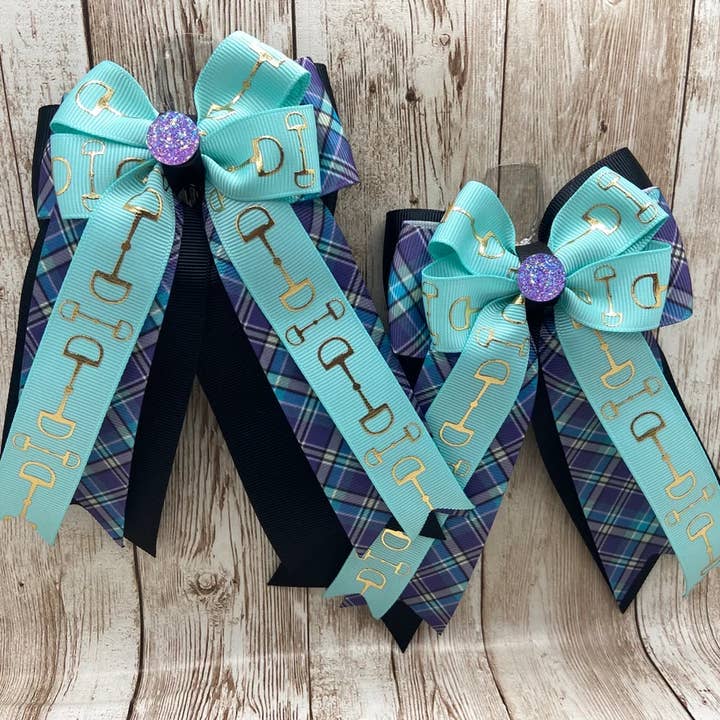 Benny Bows - Wholesale Hair Bow - Kids - Horse Show Bows - Aqua Bits with Purple Plaid on Black