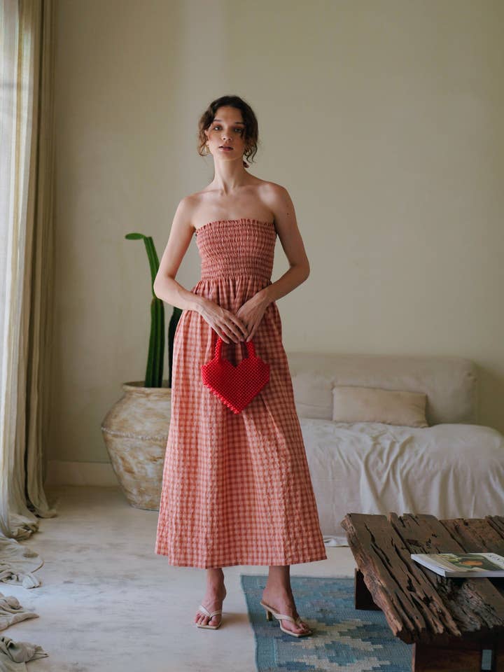 Pink Haley - Wholesale Dress - Women's - Ava Strapless Crinkle Gingham Dress in Persimmon
