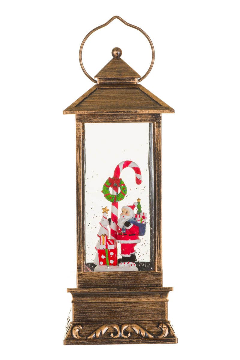 Starlight Collection - Wholesale Decorative Tabletop Object - NEW-Bronze Led Lantern Snow Globe W/ Santa & Candy Cane0