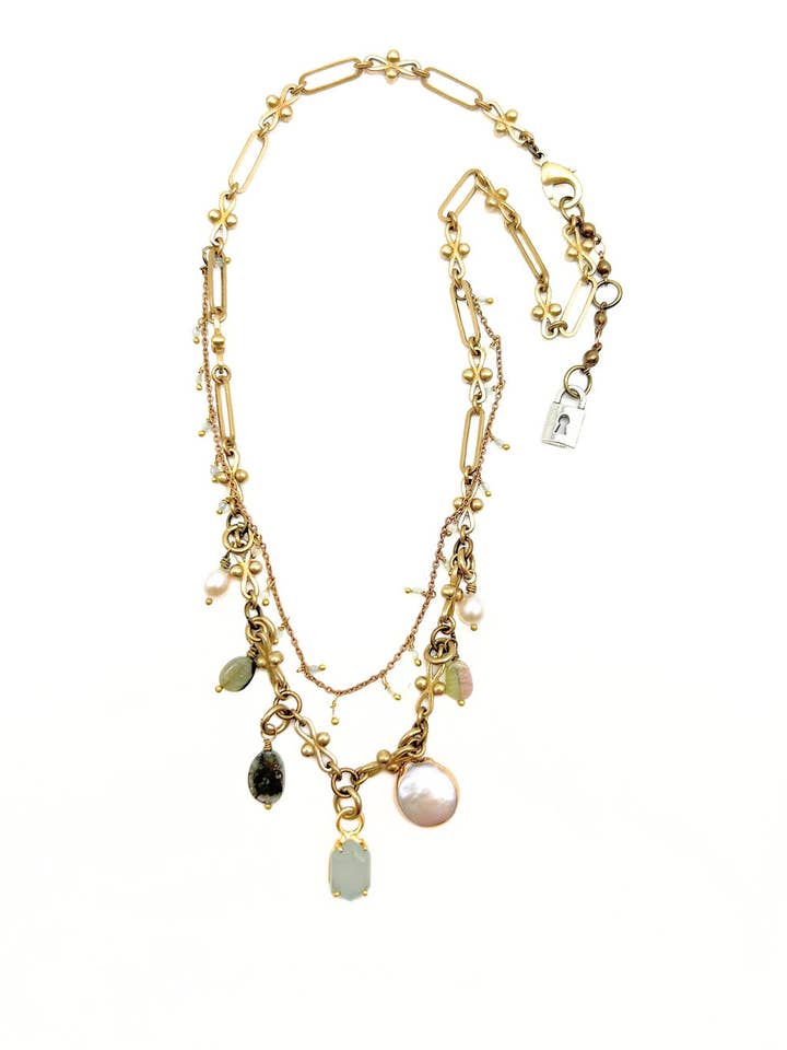Double Strand Tourmaline & Pearl Charm Necklace, N550 for wholesale by Lock and Key