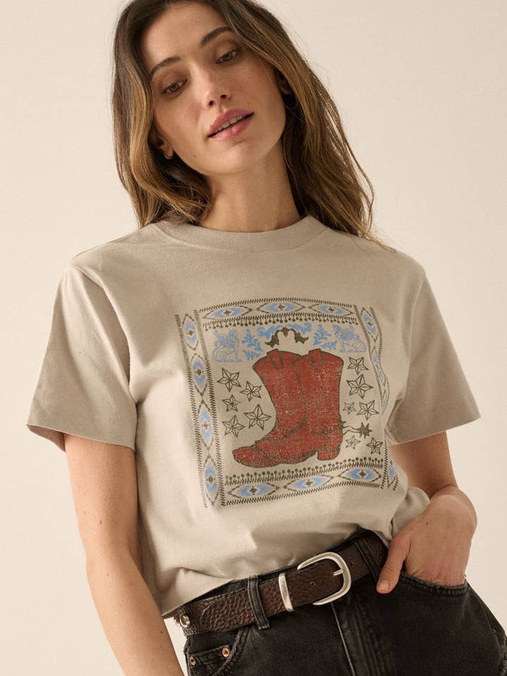 Western Cowboylaarzen Vintage-Print Graphic T-shirt voor wholesale door Promesa USA