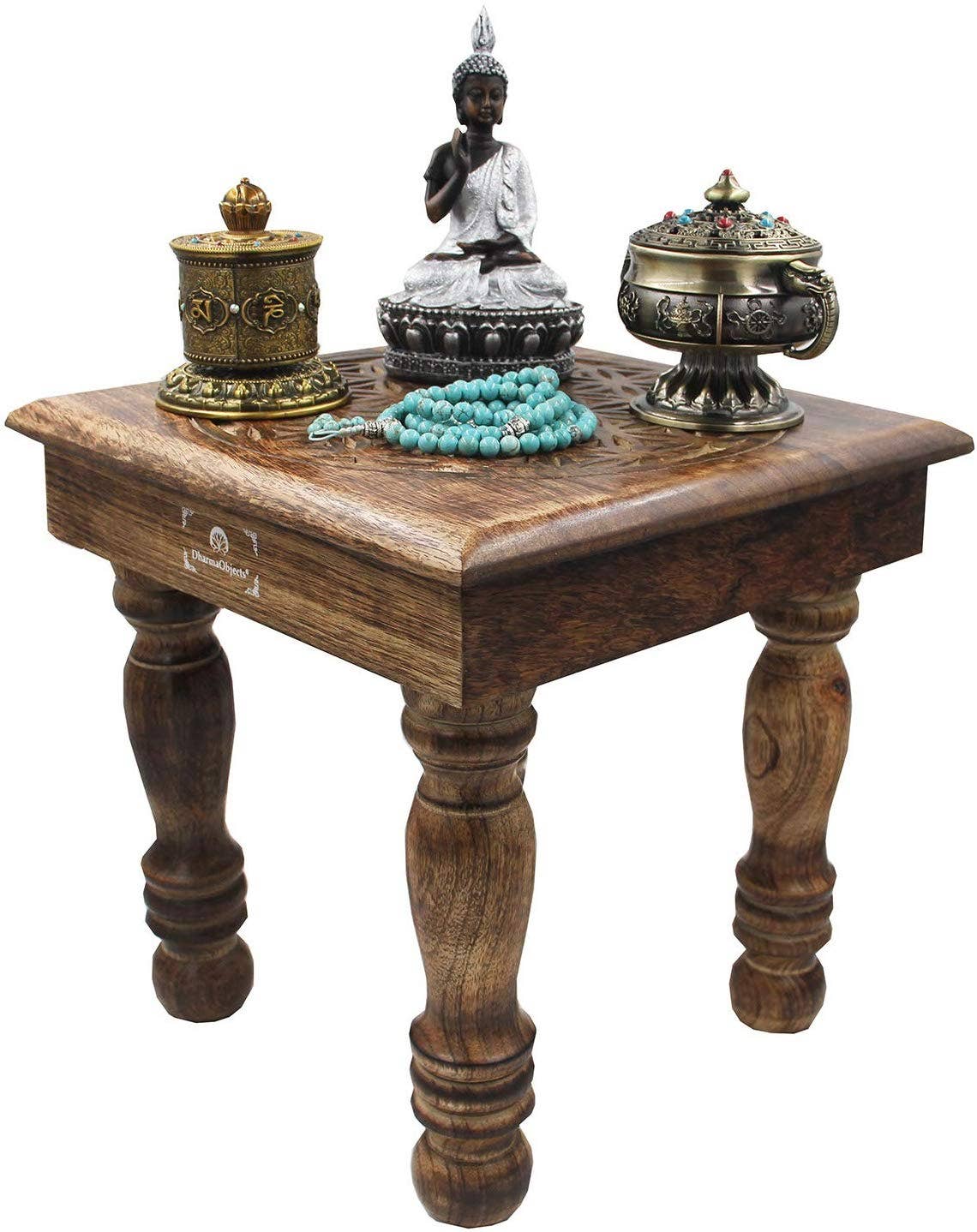 Lungta Imports - Wholesale Side Table - Solid Mango Wood Hand Carved Puja Shrine Altar Meditation Table Flower of Life1