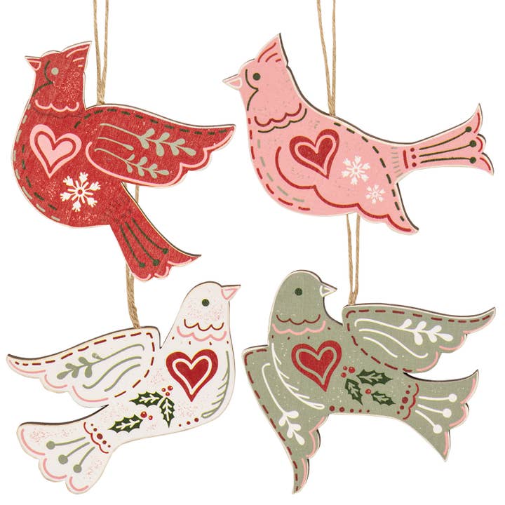4/Set - Wooden Yuletide Folklore Bird Ornaments for wholesale by Col House Designs