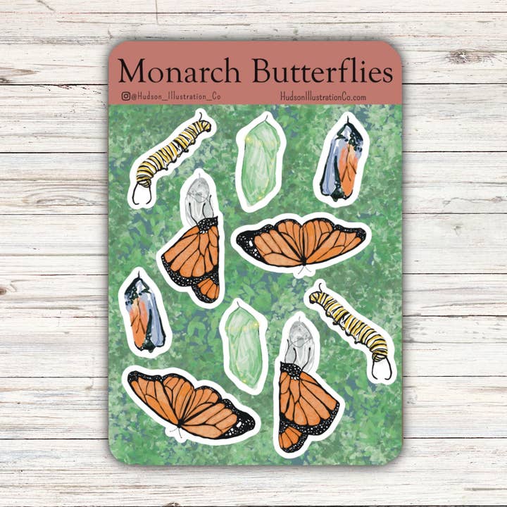 Monarch Butterflies - Mat, gerecycled stickervel met kusuitsnijding voor wholesale door Hudson Illustration Co - About Town Co