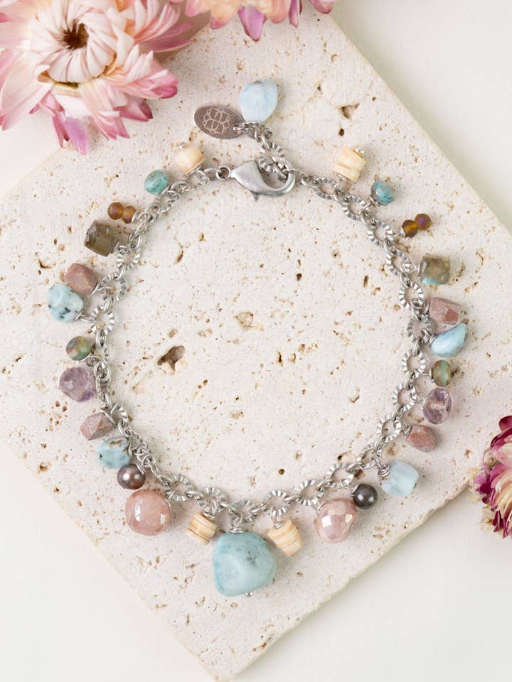 Namaste 7.5-8.5" Freshwater Pearl, Larimar, Moonstone Statement Bracelet for wholesale by Anne Vaughan Designs Jewelry
