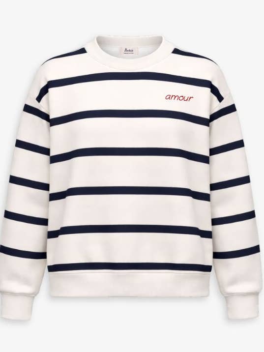 SWEATSHIRT MED STRIBER MARINEBLÅ/ELFENBEN | PERSONLIGT BRODERI for engroshandel hos Anitials