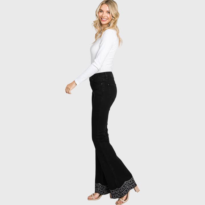 Petra153 - Wholesale Jeans - Women's - P716MF-BLK MID RISE STRETCH FLARE W/ EMBROIDERY RAW EDGE HEM