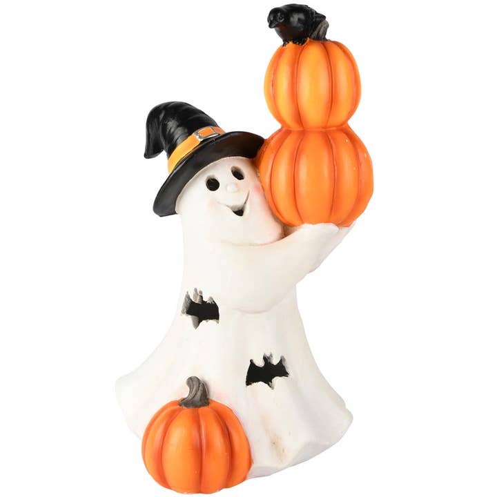 Spøgelse m/græskar, hvid/orange, polyresin, LED, 23x22x41cm for engroshandel hos Dekoratief