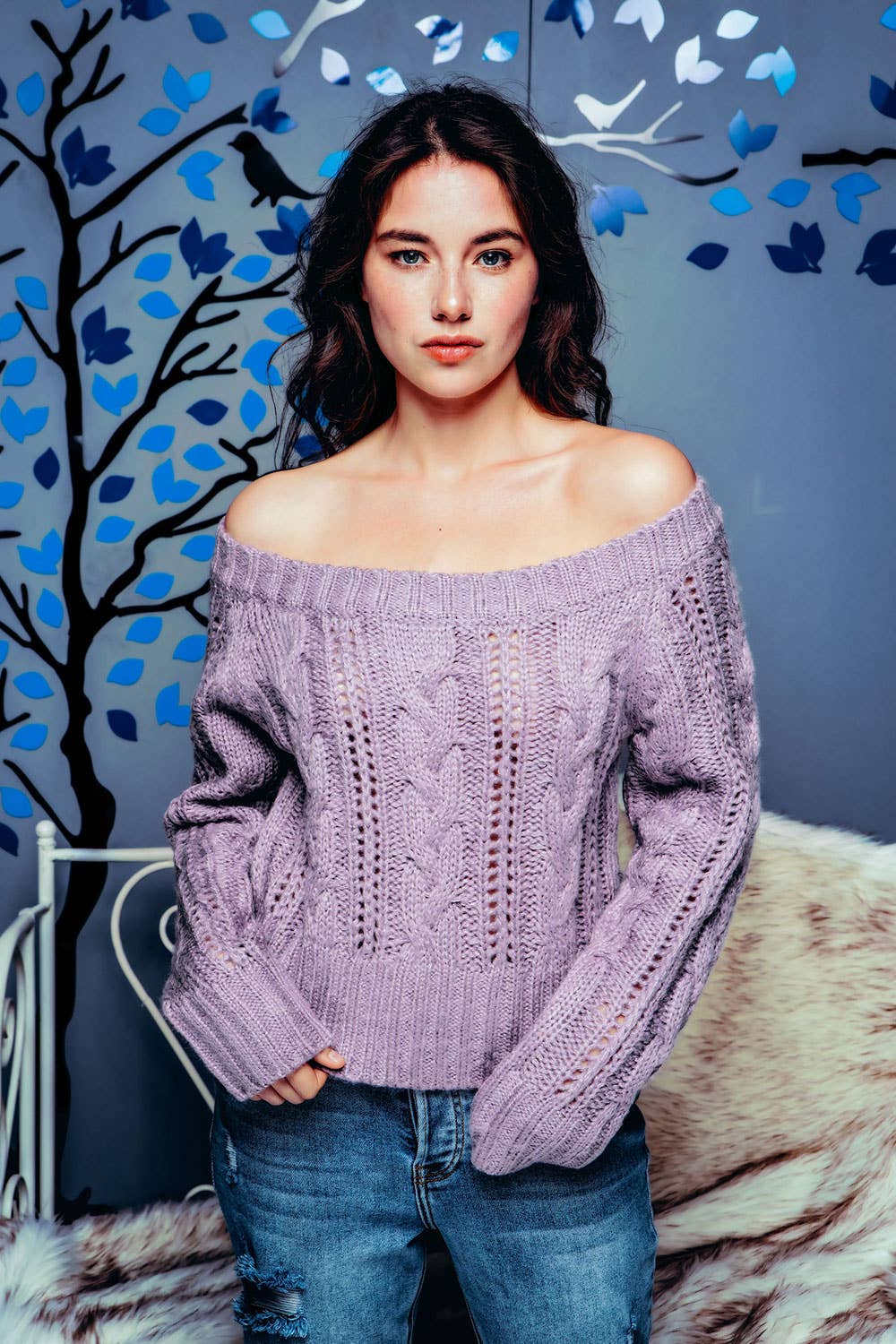 chunky cable knit off the shoulder sweater