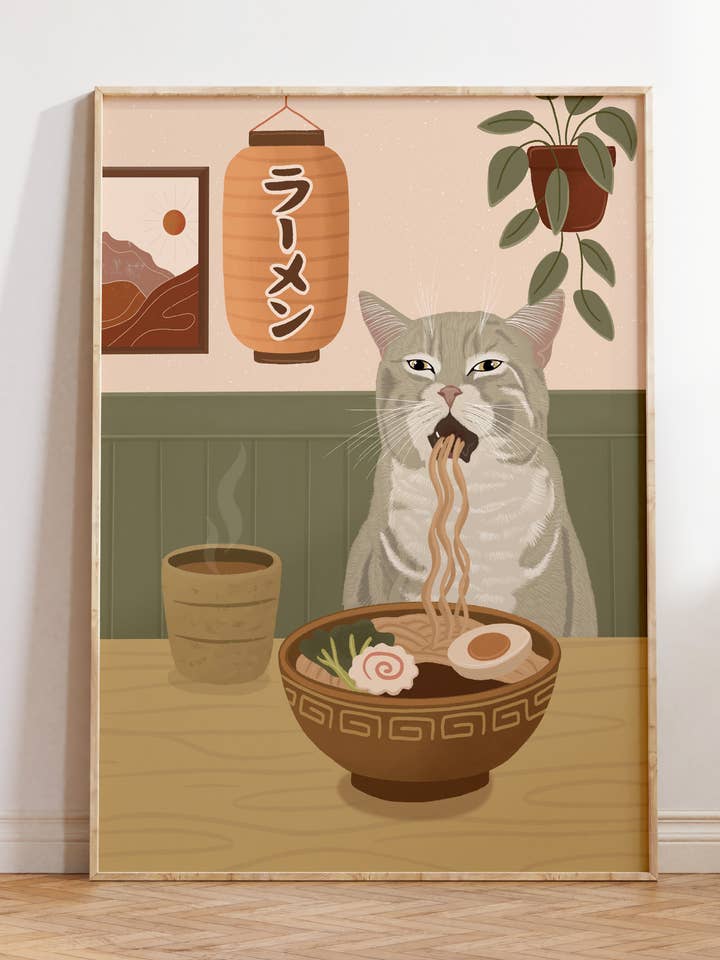 Cat Eating Ramen Art Print for wholesale by Illustrations Its Funny Howww Inc