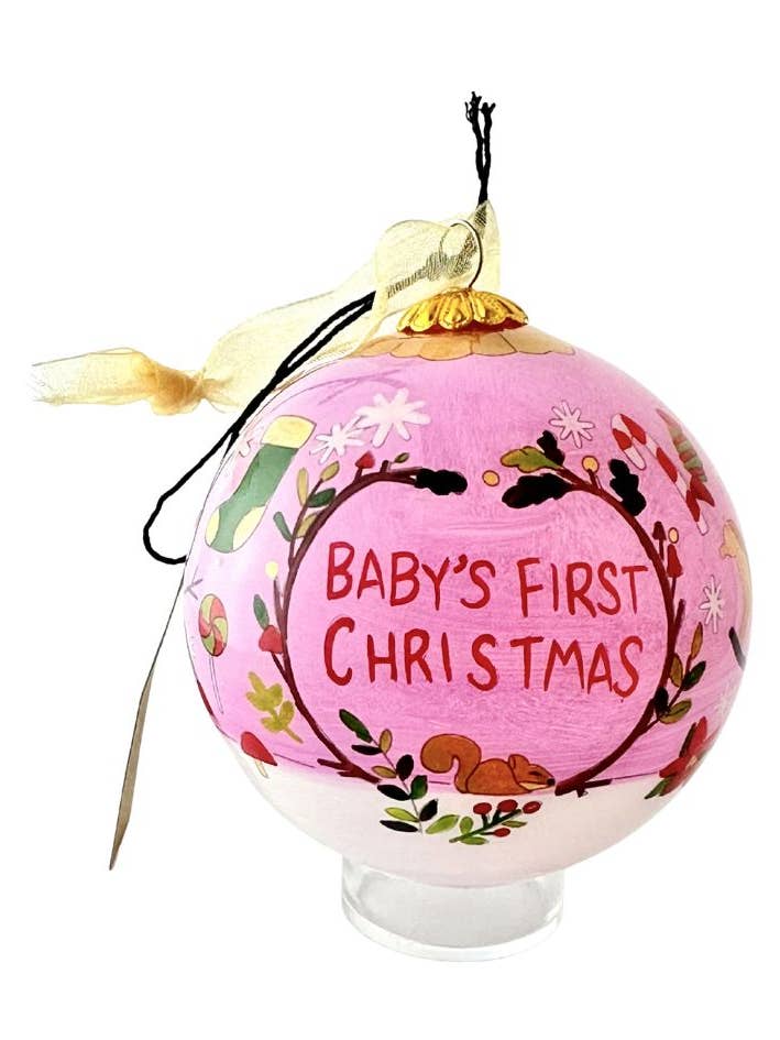 Hand-Painted Glass Ornament - Baby First Christmas Pink for wholesale by Kitty Keller Designs